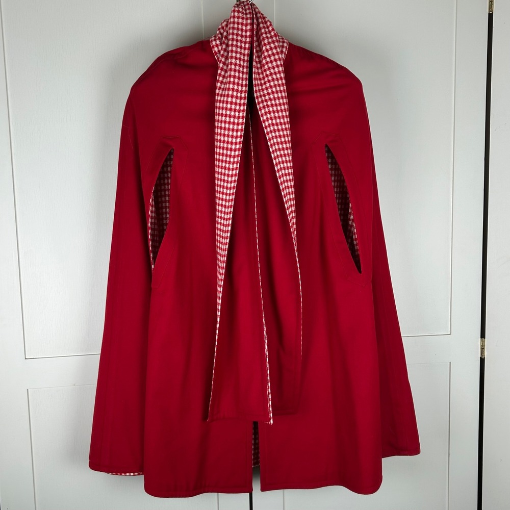 Vintage Reversible Cape Women OS Red Gingham Check Zipper Front Mod Cottagecore